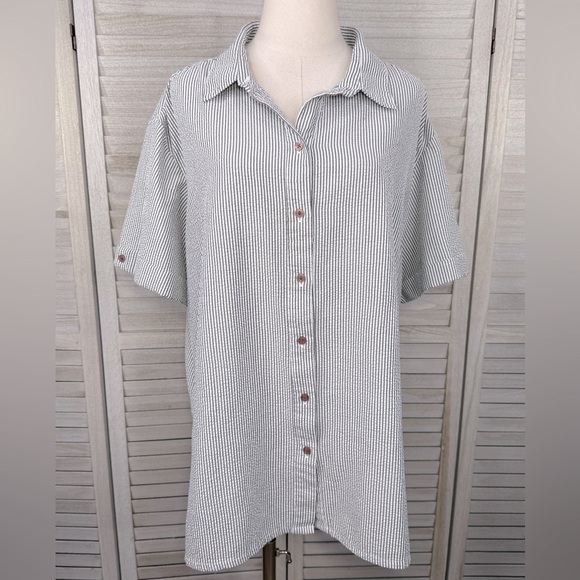 Boca Bay Tops - BOCA BAY Vintage Short Sleeve Button Down Shirt Black/White Stripe-1X